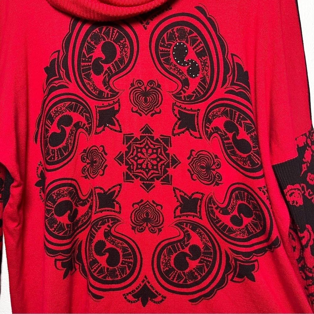 Desigual Women Sweater Medium Red Black Marylebone Fringed Cowl Neck Art Paisley - Picture 7 of 13